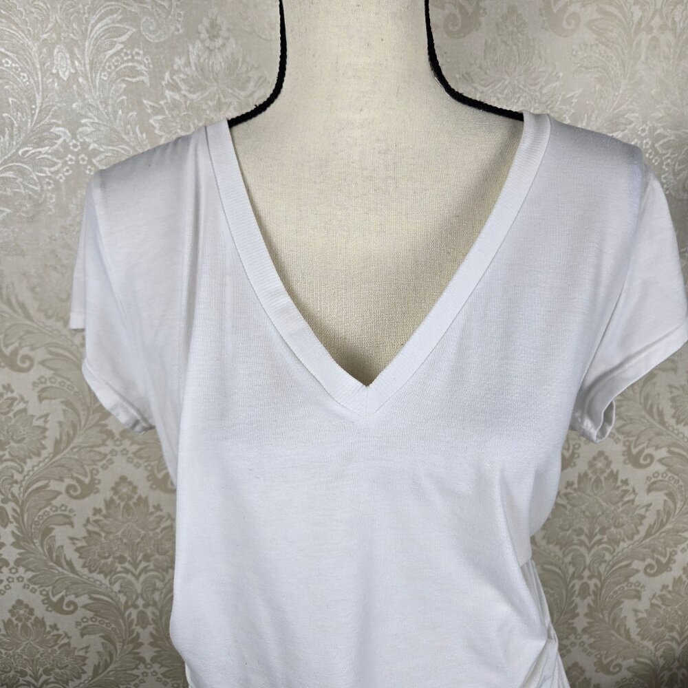 Athleta Size Large White T-Shirt Jersey Knit Dress Ruched Skirt Casual V-Neck - Picture 2 of 16